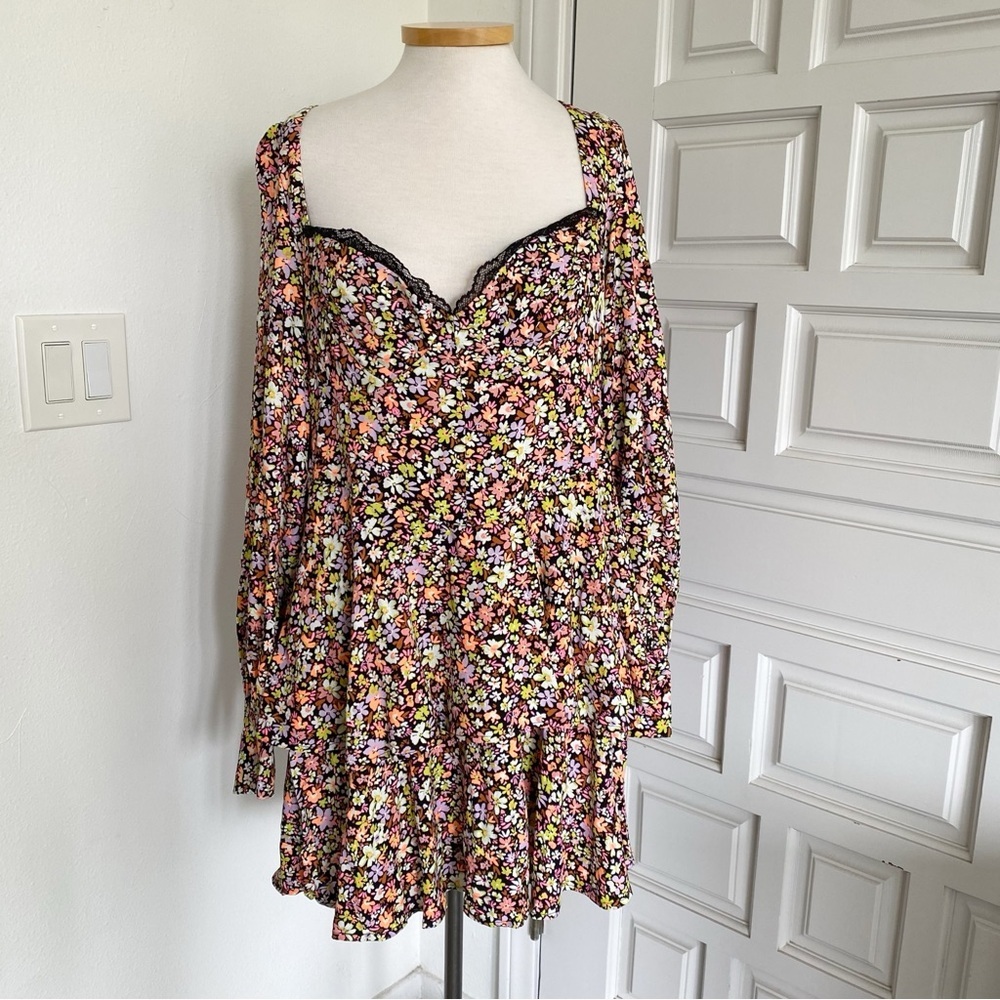 NWT AFRM Modesto Sweetheart Mini Dress Long Sleeve Floral Neon Orange Pink Sz XL